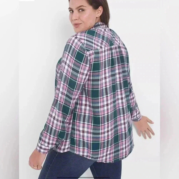 Lane Bryant Relaxed Long-Sleeve Button-Front Pink Plaid Boyfriend Shirt Sz 14 1X - Picture 3 of 8